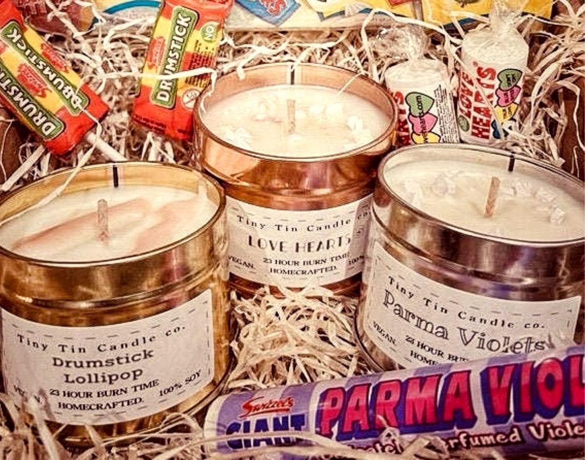 Retro Sweet Candle Hamper - Set of 3 Soy Tin Candles | Nostalgic Sweet Scents | Handmade Soy Candles | Perfect Christmas Gift