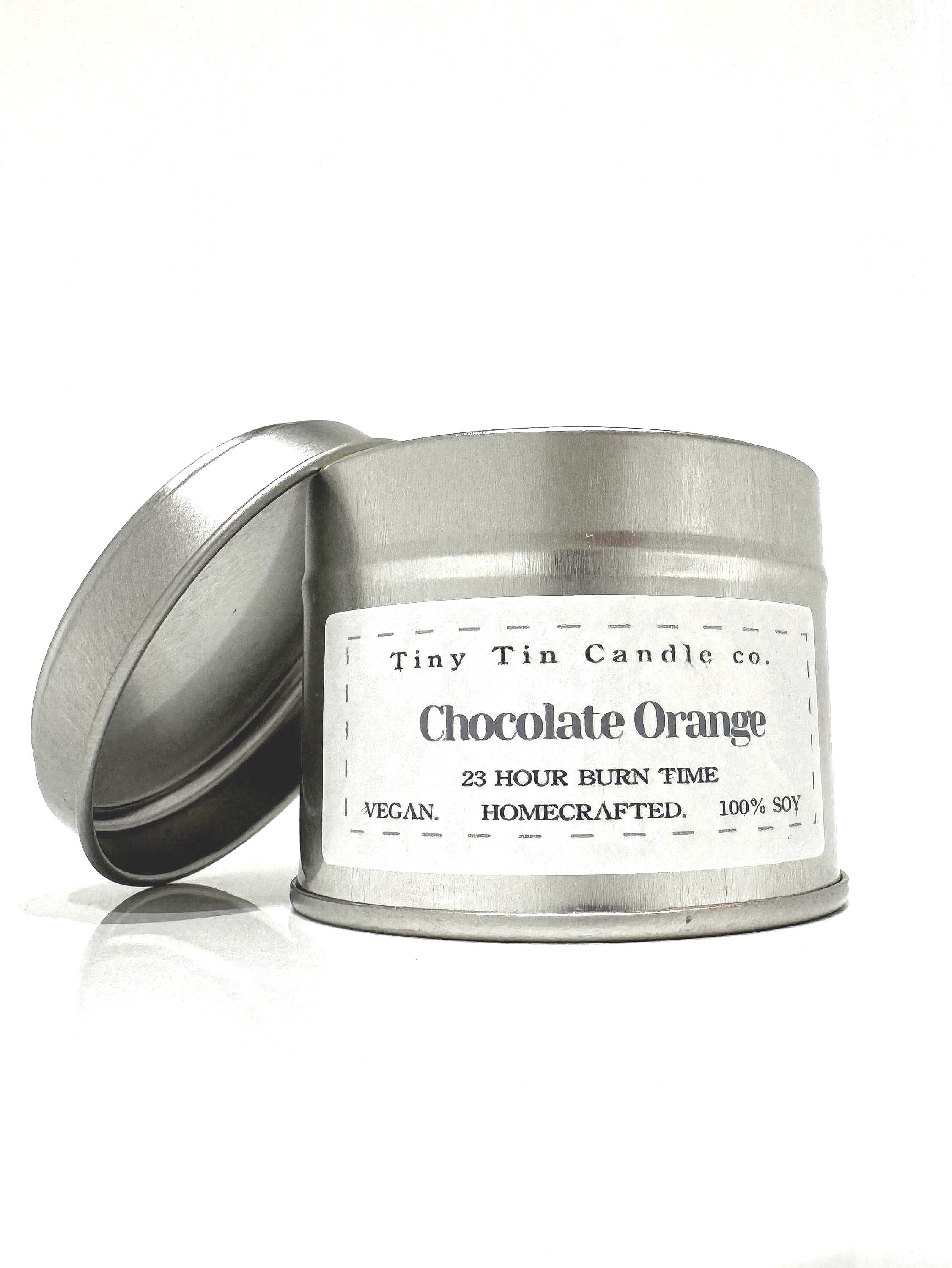 Homemade Candle Chocolate Orange Soy Candle 100ml Tin, front of tin candle with lid on