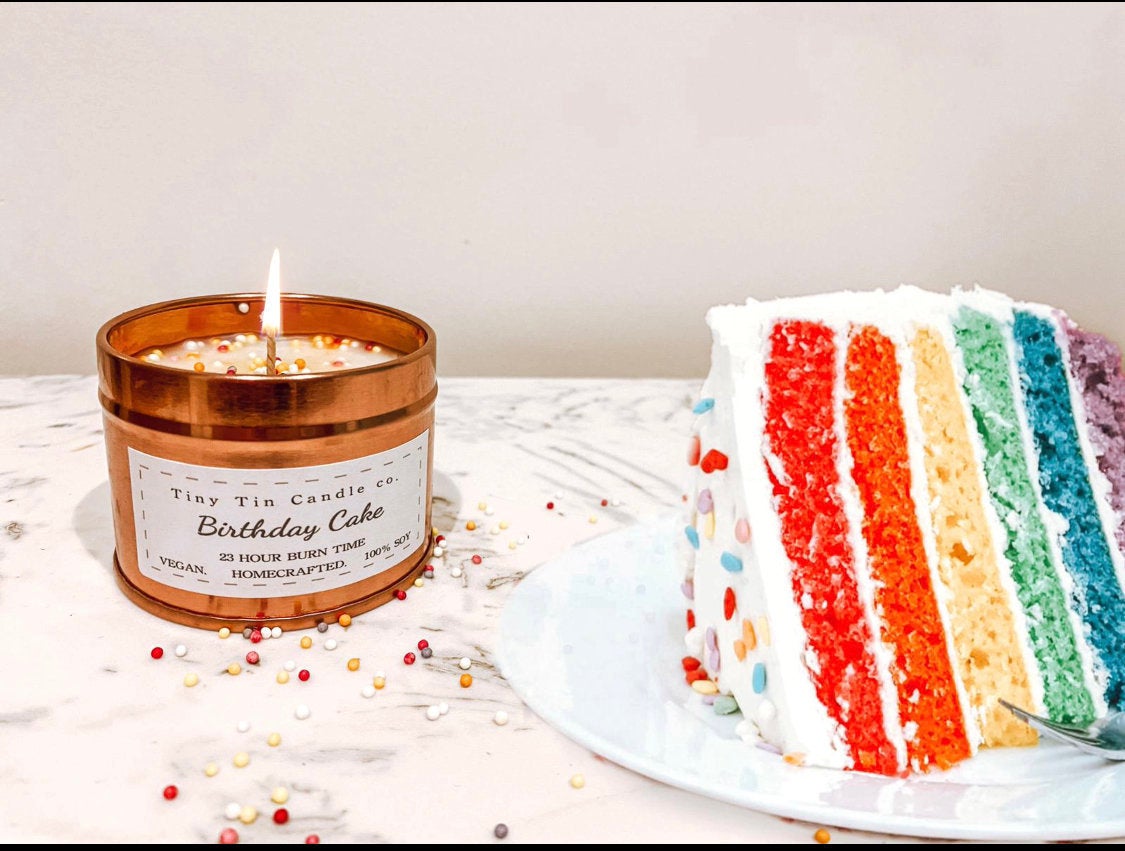 Homemade Candle Birthday Cake fragrance 100ml rose gold tin with birthday cake white and black label