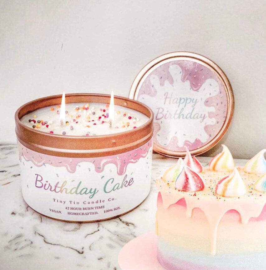 Homemade Candle Birthday Cake 250ml Tin Candle  with a birthday cake themed label design