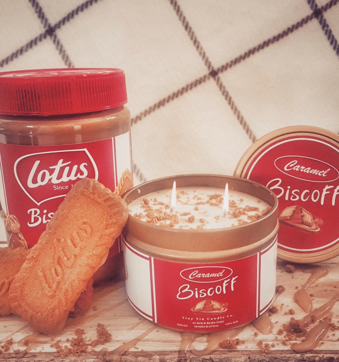 Homemade candle Biscoff Scented Candle in a 250ml tin with red and white biscoff label